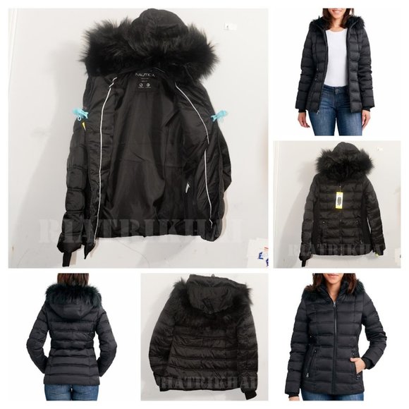 Nautica Jackets & Blazers - Nautica Womens Faux Fur Trim Hooded Midweight Puffer Jacket BLACK